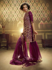 Wine Net Embroidered Partywear Sharara Suit - inddus-us