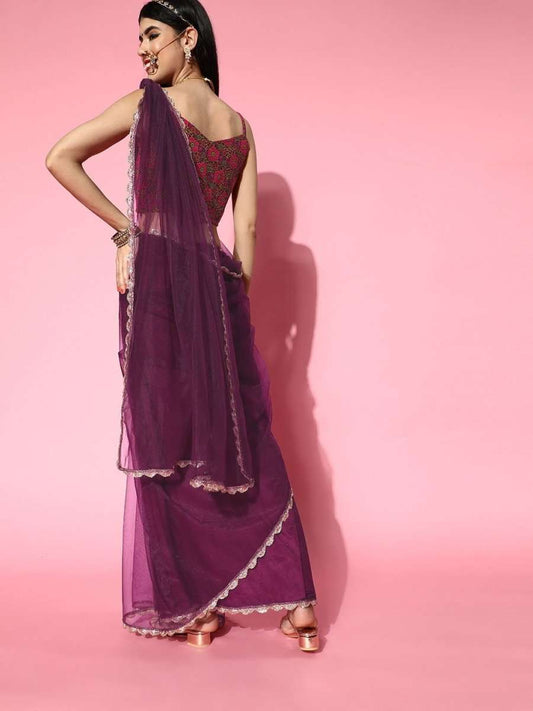 Wine Net Saree with Brocade Blouse Piece - Inddus.com