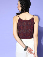 Wine Polyester Embroidered Crop Top - Inddus.com
