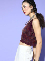 Wine Polyester Embroidered Crop Top - Inddus.com