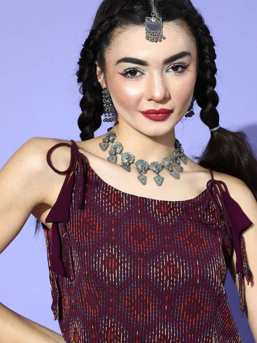 Wine Polyester Embroidered Crop Top - Inddus.com