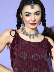 Wine Polyester Embroidered Crop Top - Inddus.com