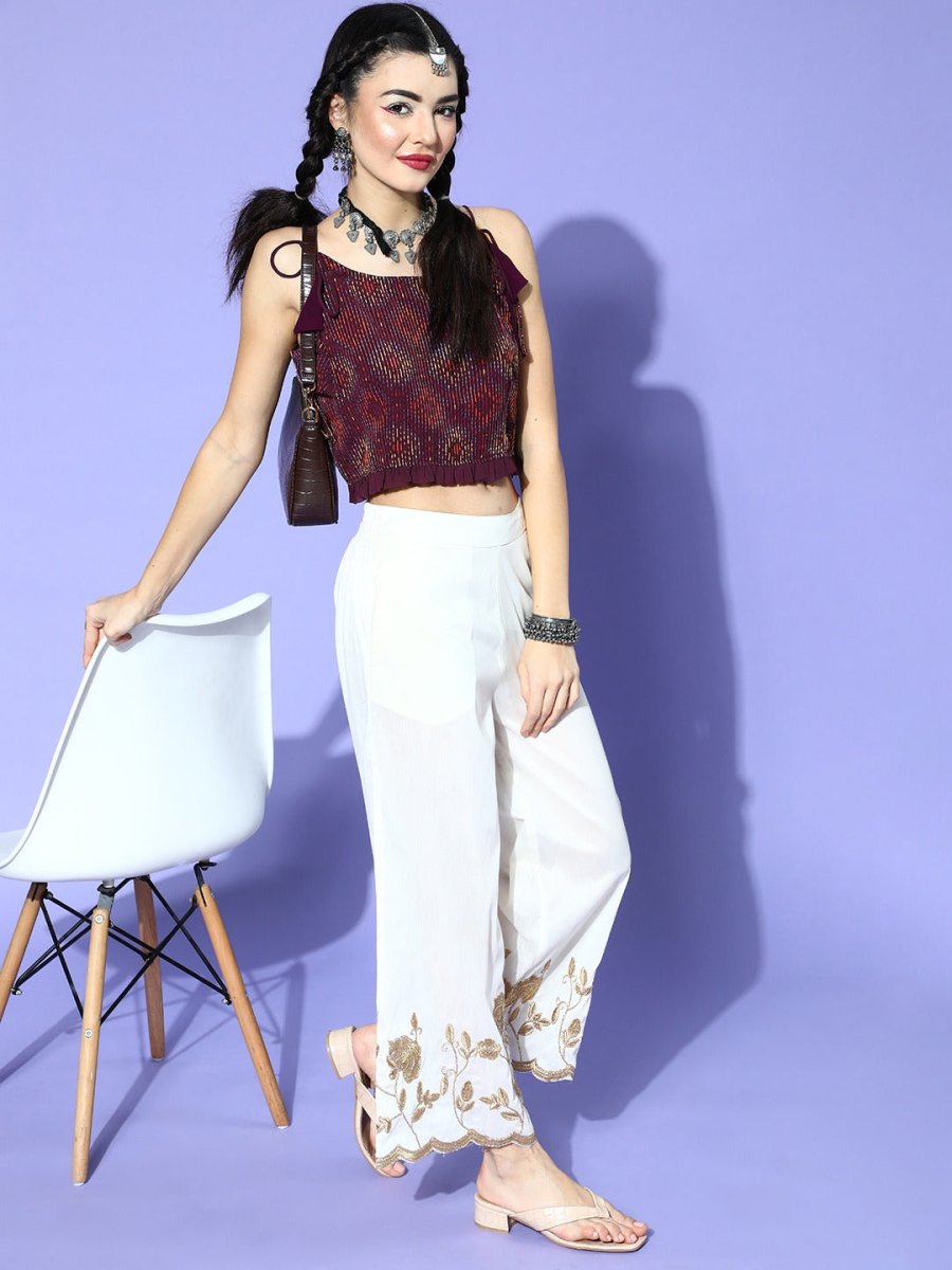 Wine Polyester Embroidered Crop Top - Inddus.com
