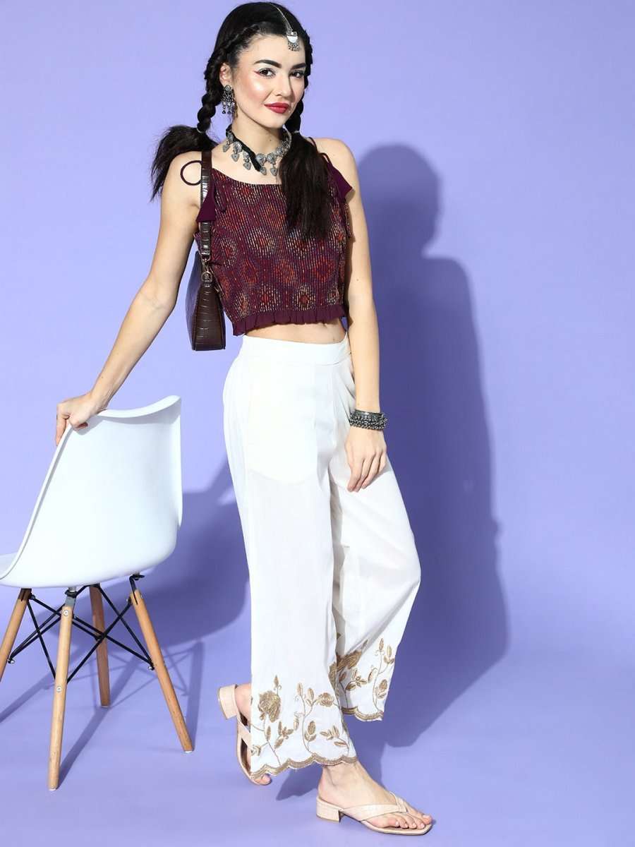 Wine Polyester Embroidered Crop Top - Inddus.com
