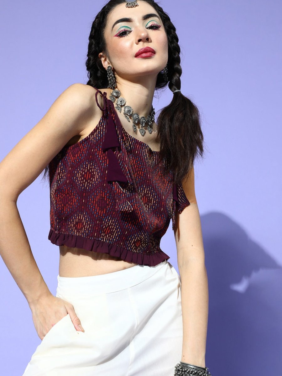 Wine Polyester Embroidered Crop Top - Inddus.com