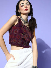 Wine Polyester Embroidered Crop Top - Inddus.com