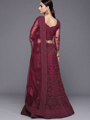 Wine Semistitched Lehenga with Embroidered Blouse and Net Embroidered Dupatta - inddus-us