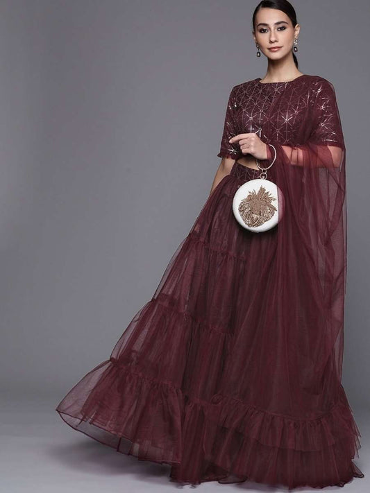 Wine Semistitched Lehenga with Sequinned Embroidered Blouse and Net Dupatta - inddus-us