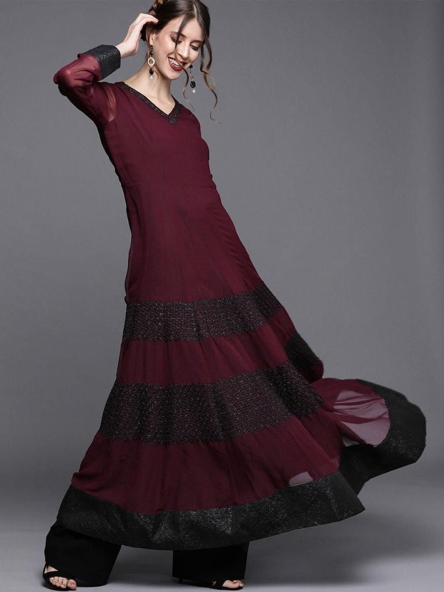 Wine Solid Anarkali with Dupatta - inddus-us