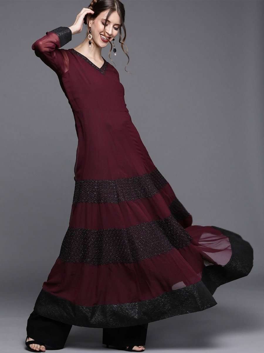 Wine Solid Anarkali with Dupatta - inddus-us