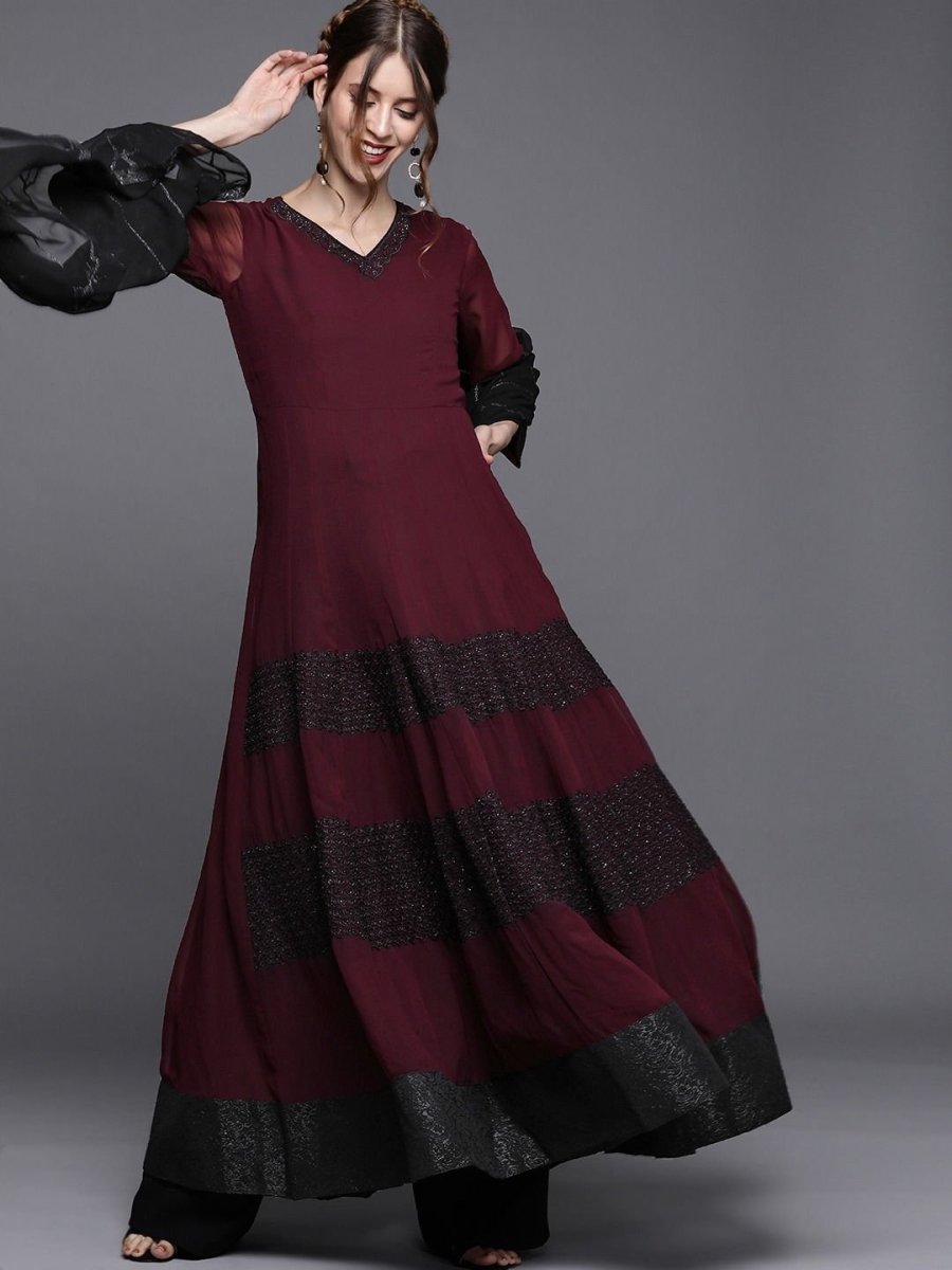 Wine Solid Anarkali with Dupatta - inddus-us
