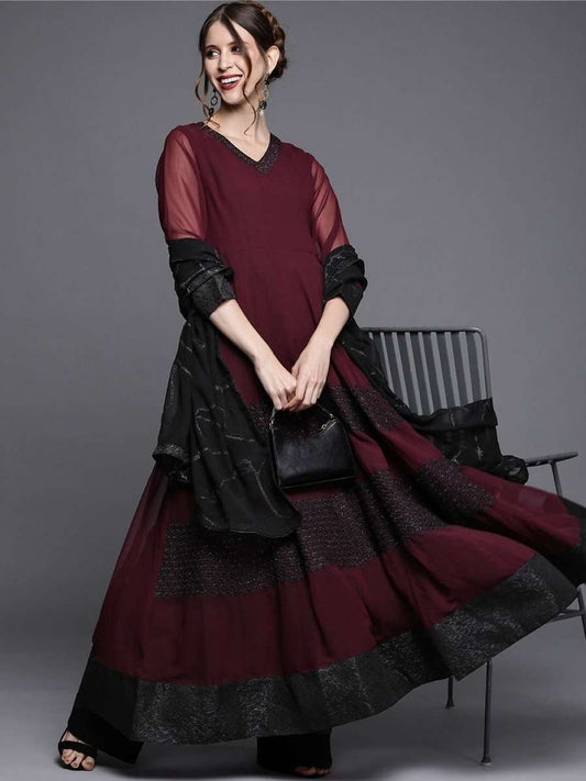 Wine Solid Anarkali with Dupatta - inddus-us