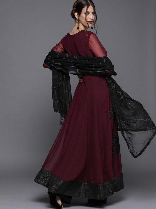 Wine Solid Anarkali with Dupatta - inddus-us