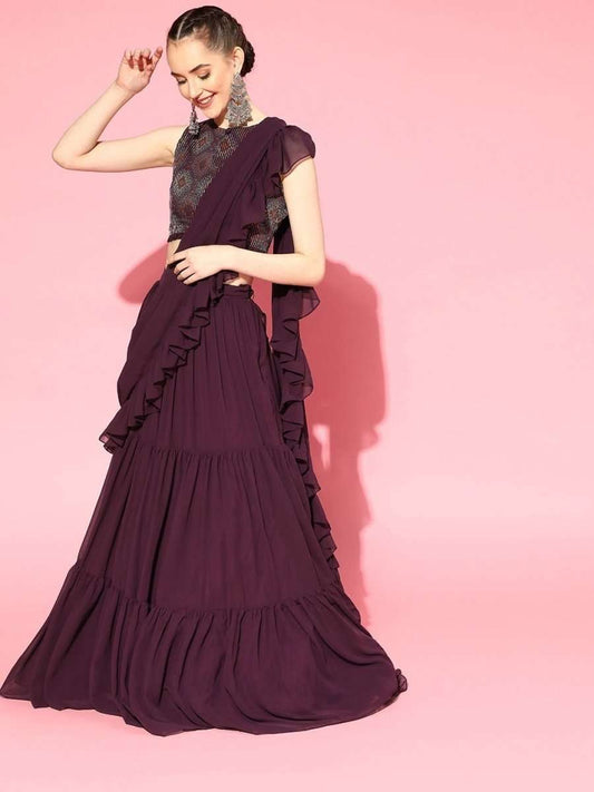 Wine Stitched Teired Lehenga Saree with Embroidered Blouse Piece - inddus-us