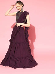 Wine Stitched Teired Lehenga Saree with Embroidered Blouse Piece - inddus-us