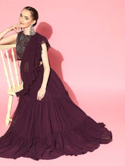 Wine Stitched Teired Lehenga Saree with Embroidered Blouse Piece - inddus-us