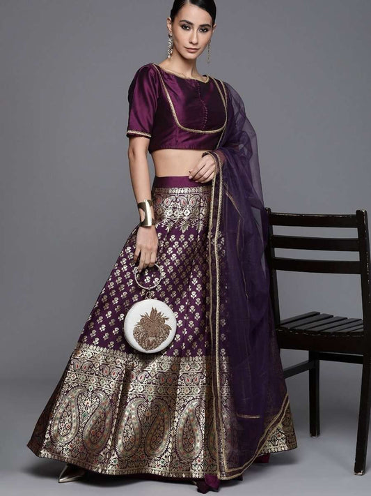 Wine Woven SemiStitched Lehenga with Blouse and Dupatta - inddus-us