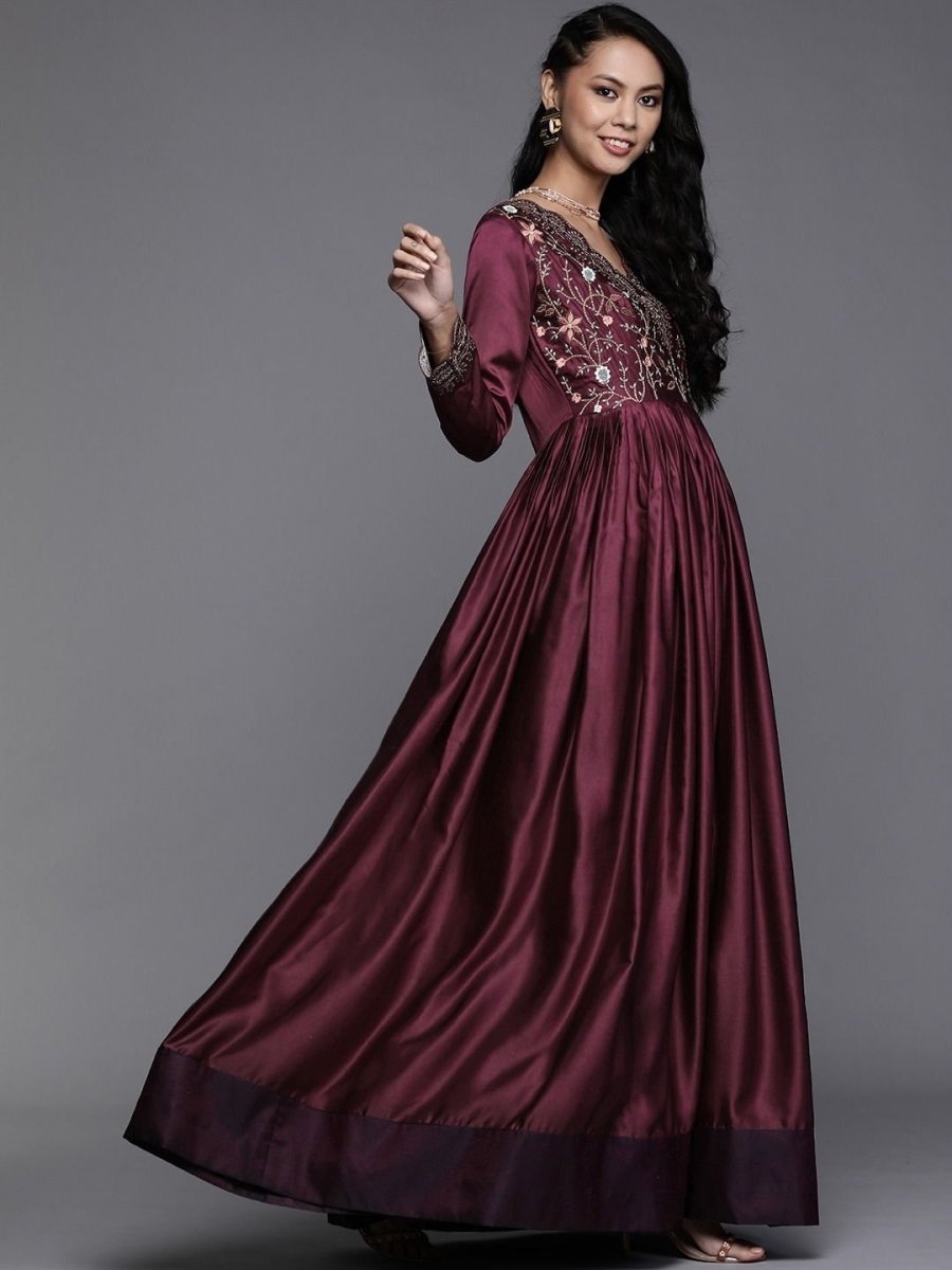 Wine Yoke Embroidered Maxi Dress - inddus-us