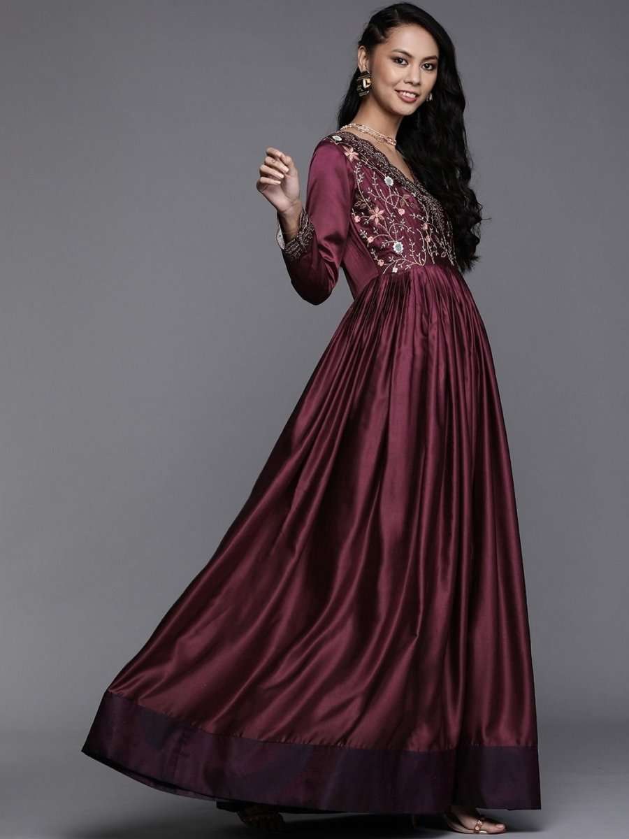 Wine Yoke Embroidered Maxi Dress - inddus-us