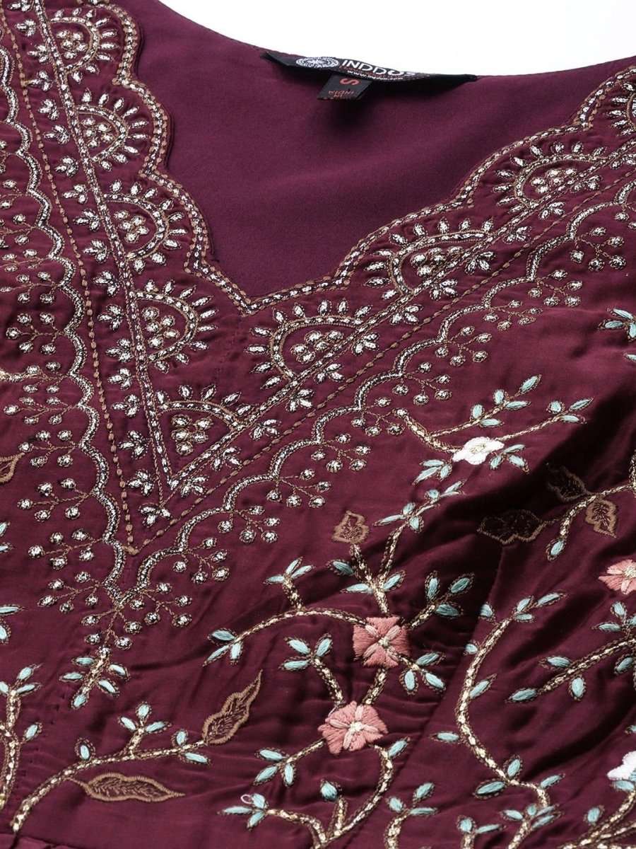 Wine Yoke Embroidered Maxi Dress - inddus-us