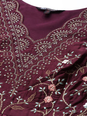 Wine Yoke Embroidered Maxi Dress - inddus-us