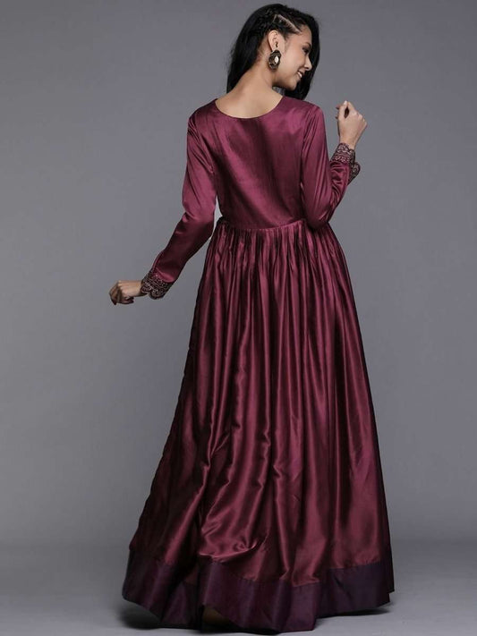 Wine Yoke Embroidered Maxi Dress - inddus-us