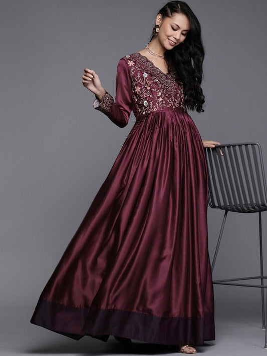 Wine Yoke Embroidered Maxi Dress - inddus-us