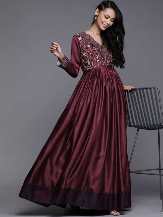 Wine Yoke Embroidered Maxi Dress - inddus-us