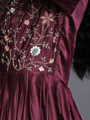 Wine Yoke Embroidered Maxi Dress - inddus-us