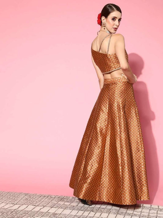 Women Attractive Rust Self-design Top With Skirt - Inddus.com