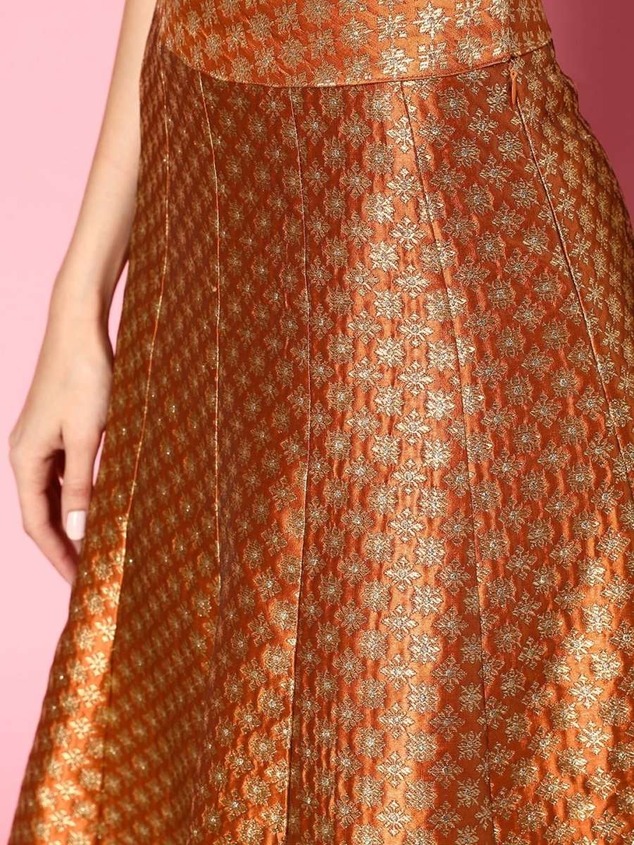 Women Attractive Rust Self-design Top With Skirt - Inddus.com