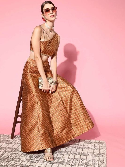 Women Attractive Rust Self-design Top With Skirt - Inddus.com