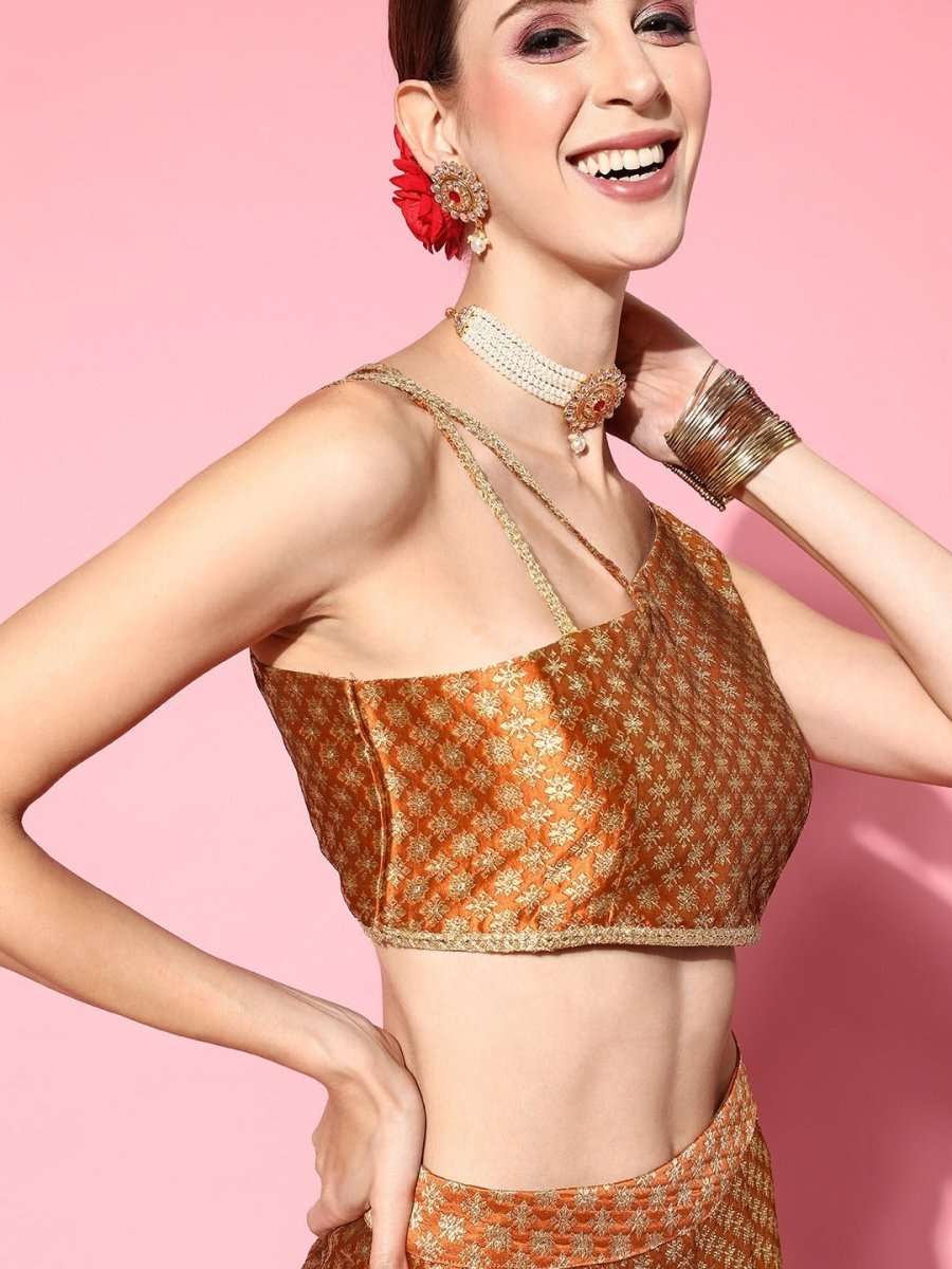 Women Attractive Rust Self-design Top With Skirt - Inddus.com