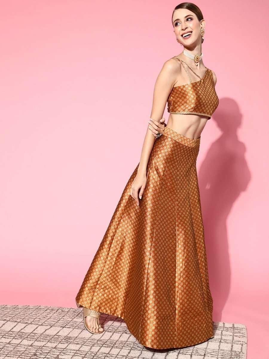 Women Attractive Rust Self-design Top With Skirt - Inddus.com