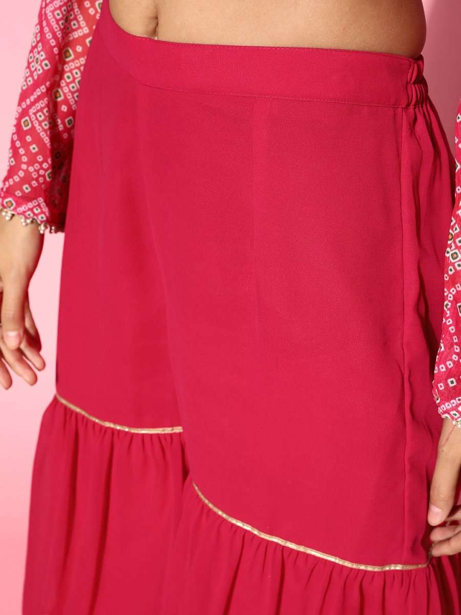 Women Bandhani Poly-Chiffon Asymmetric Hemline Kurta Set - Inddus.com