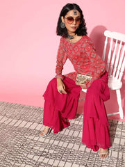 Women Bandhani Poly-Chiffon Asymmetric Hemline Kurta Set - Inddus.com