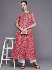 Women Bandhani Printed Tie-Up Neck Gotta Patti Kurta - Inddus.com