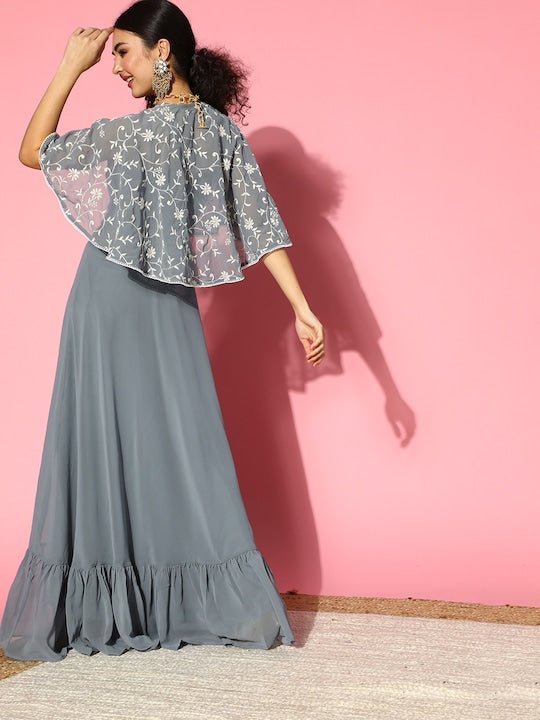 Women Beautiful Grey Solid Swirling Volume Dress - Inddus.com