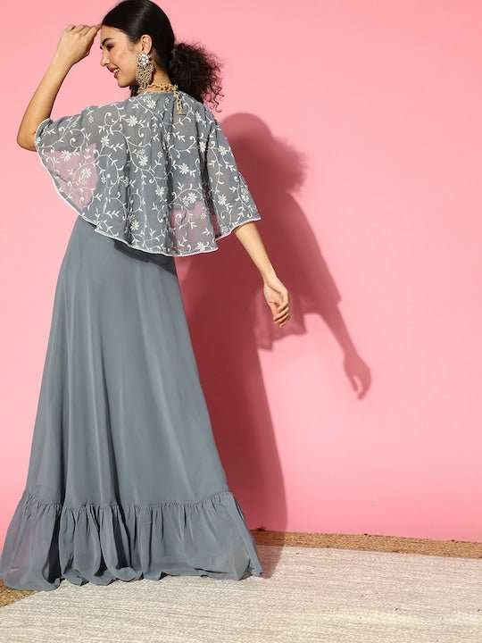 Women Beautiful Grey Solid Swirling Volume Dress - Inddus.com