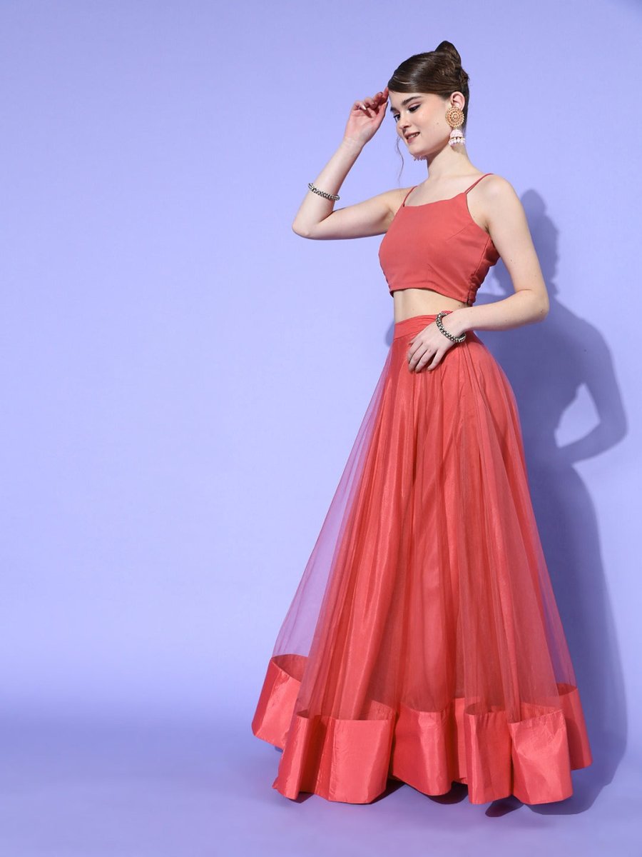 Women Beautiful Peach Embellished Top with Solid Skirt - Inddus.com