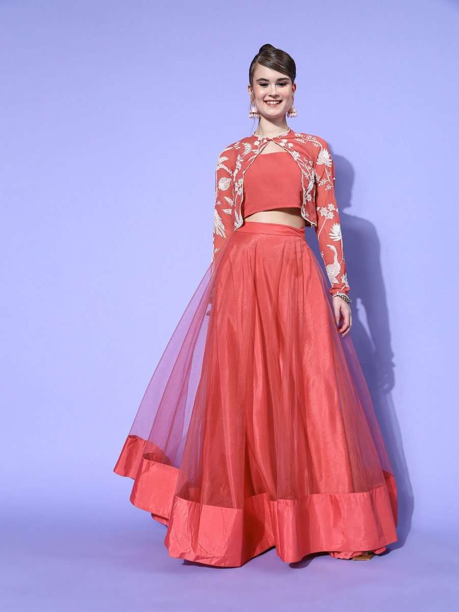 Women Beautiful Peach Embellished Top with Solid Skirt - Inddus.com