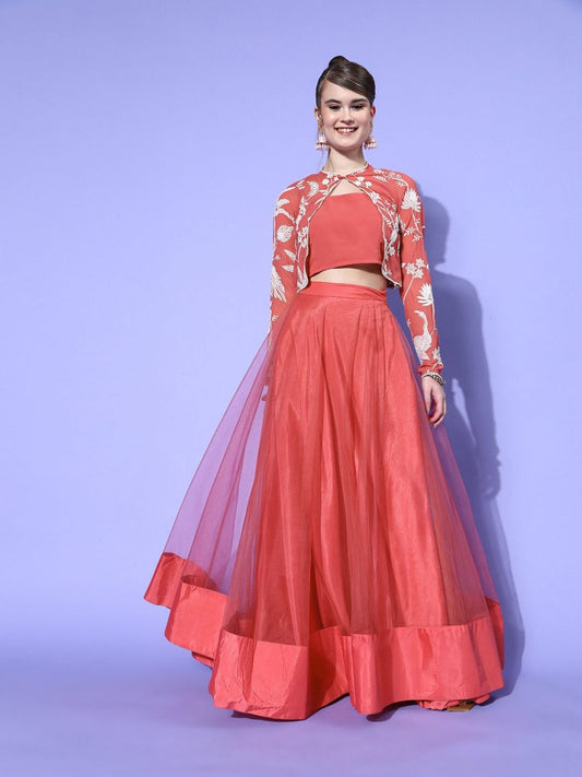 Women Beautiful Peach Embellished Top with Solid Skirt - Inddus.com