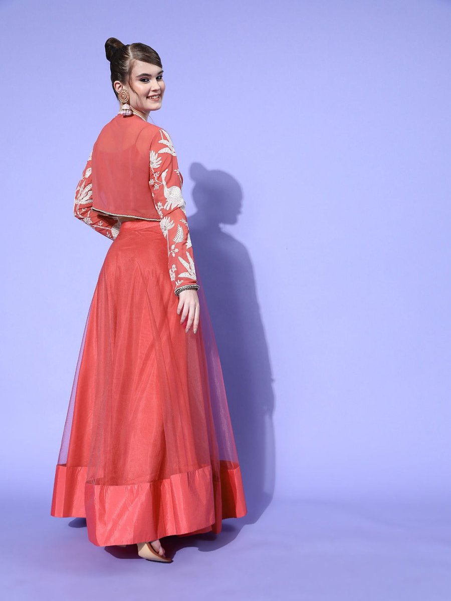 Women Beautiful Peach Embellished Top with Solid Skirt - Inddus.com