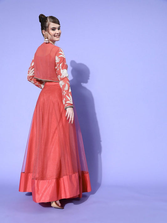 Women Beautiful Peach Embellished Top with Solid Skirt - Inddus.com