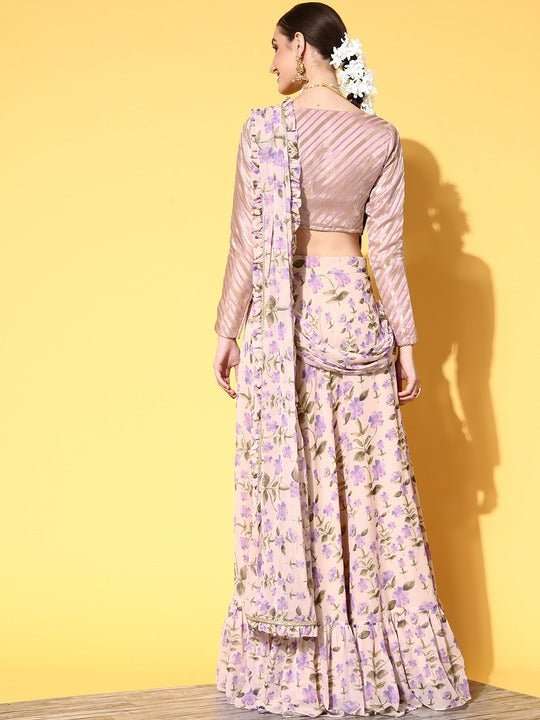 Women Beige and Lavender Floral Print Skirt Drape Ruffle Saree with Woven Design Blouse piece - Inddus.com