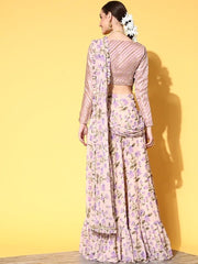 Women Beige and Lavender Floral Print Skirt Drape Ruffle Saree with Woven Design Blouse piece - Inddus.com