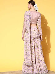 Women Beige and Lavender Floral Print Skirt Drape Ruffle Saree with Woven Design Blouse piece - Inddus.com