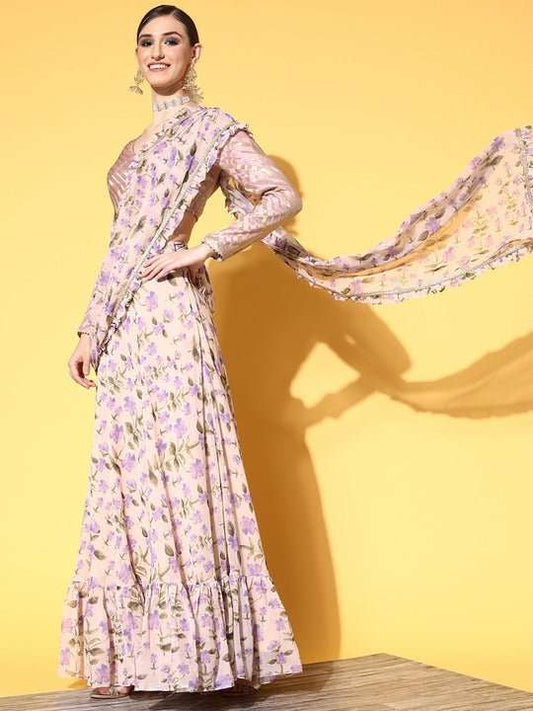 Women Beige and Lavender Floral Print Skirt Drape Ruffle Saree with Woven Design Blouse piece - Inddus.com