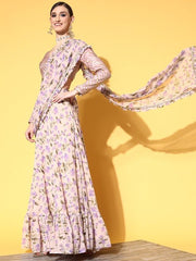 Women Beige and Lavender Floral Print Skirt Drape Ruffle Saree with Woven Design Blouse piece - Inddus.com