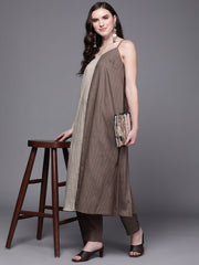 Women Beige Colourblocked Kurta with Trousers - Inddus.com
